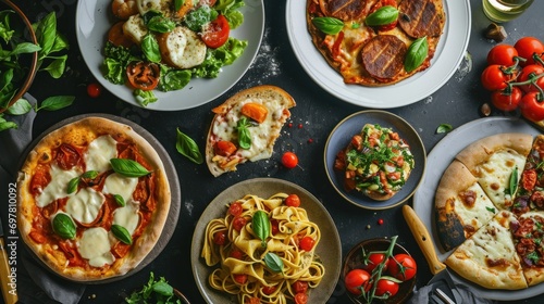 Full table of italian meals on plates Pizza  pasta  ravioli