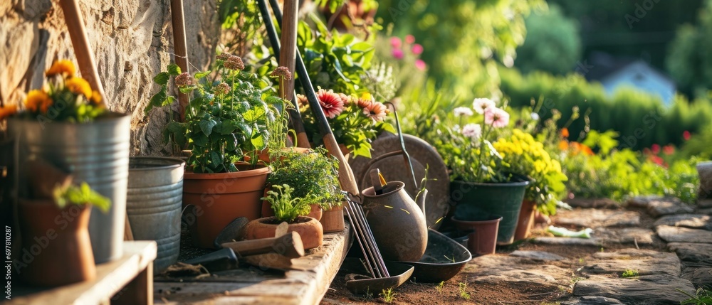 garden tools and outdoor equipment next to a path - obrazy, fototapety, plakaty 