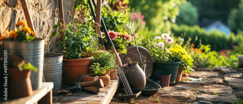 garden tools and outdoor equipment next to a path photo