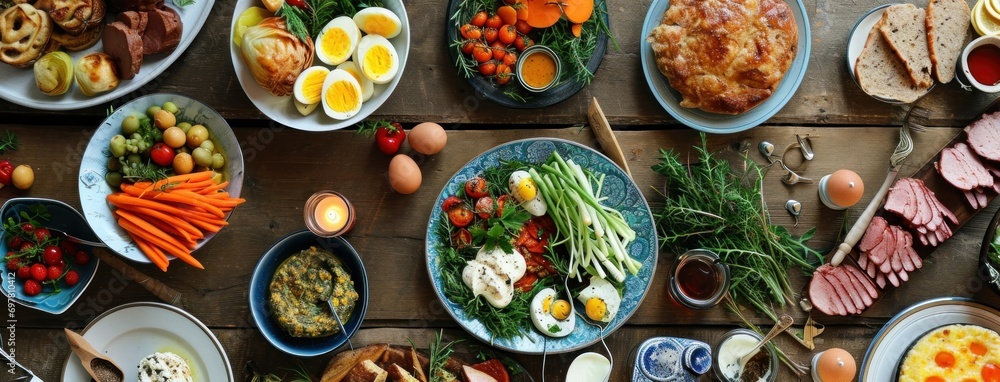many plates of easter eggs, carrots, ham many plates of easter eggs, carrots, ham