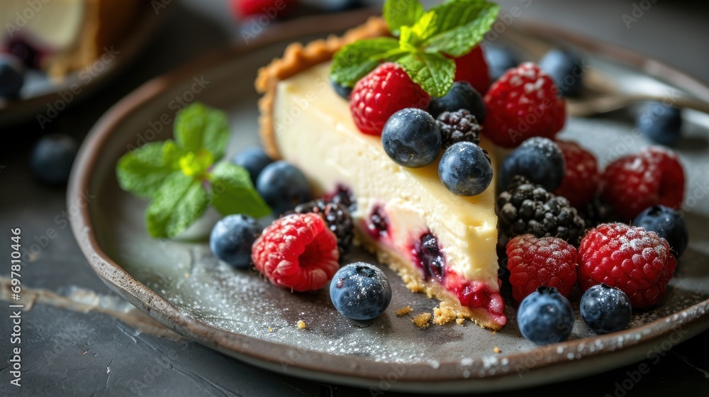 Homemade cheesecake with fresh berries and mint for dessert Homemade cheesecake with fresh berries and mint for dessert