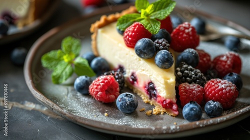 Homemade cheesecake with fresh berries and mint for dessert