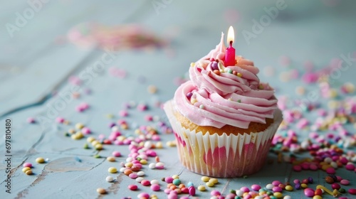 pink childish birthday cupcake with candle on minimalist background
