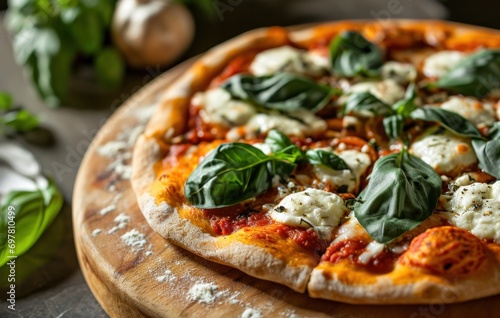 fresh basil pizza with mozzarella cheese on wooden plate