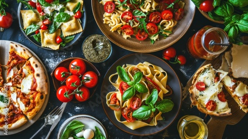 Full table of italian meals on plates Pizza, pasta, ravioli