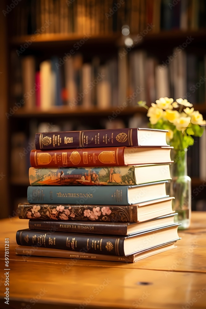 old books in a stack on the background of a bookcase old books in a stack on the background of a bookcase