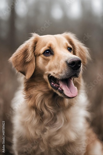 Portrait of a golden retriever dog in the park. Shallow depth of field