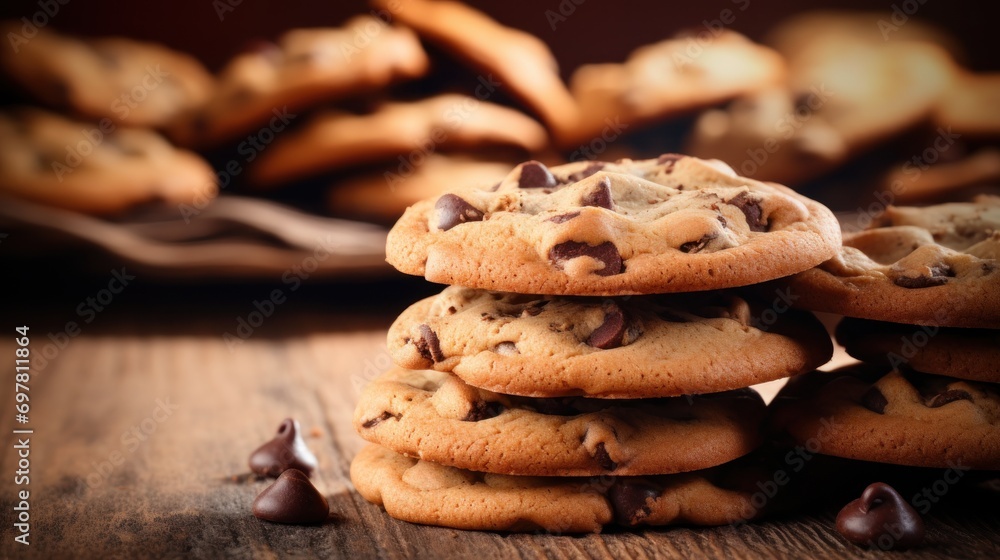 a stack of chocolate chip cookies sitting on top of a wooden table next to a pile of chocolate chip cookies.