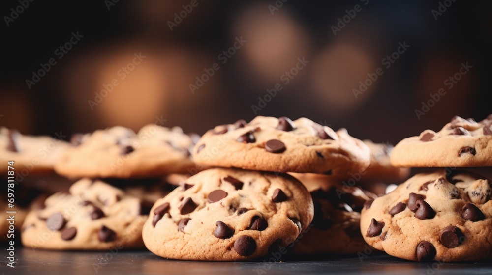  a pile of chocolate chip cookies sitting on top of a counter next to a pile of other chocolate chip cookies.