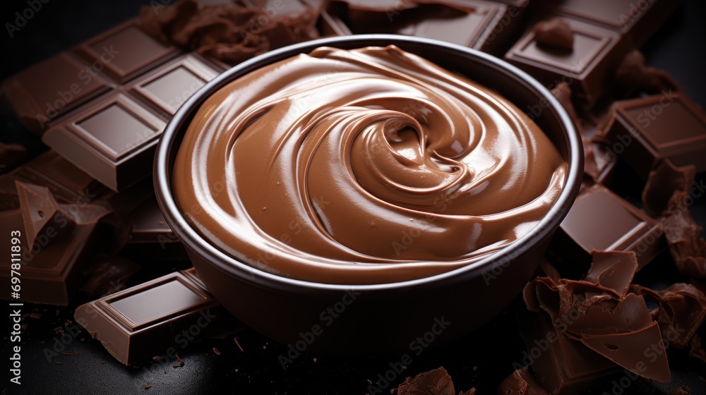 a close up of a bowl of chocolate on a table with pieces of chocolate on the side of the bowl. a close up of a bowl of chocolate on a table with pieces of chocolate on the side of the bowl.