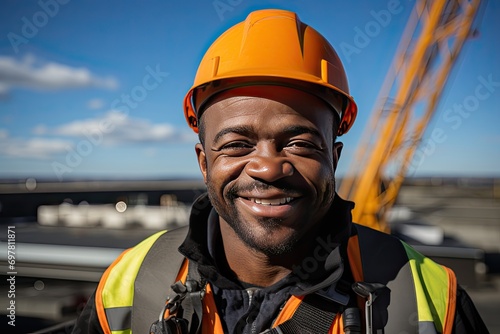 Construction Worker On Building Site Laying Slate Tiles. Portrait of an African American Roof construction worker working on a roof, adorned in safety gear and sky in the background