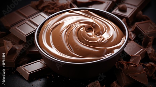  a close up of a bowl of chocolate on a table with pieces of chocolate on the side of the bowl.