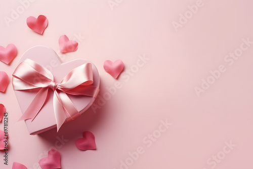 Heart shaped pink Valentine's day confetti with gift box on side of pink background with copy space