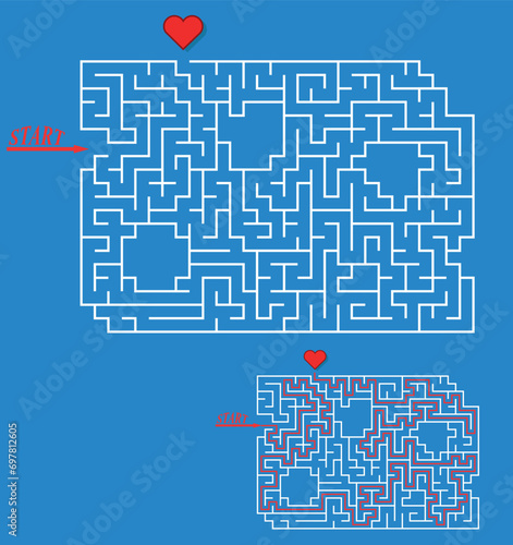 Find love labyrinth. Maze with entry and exit. Solution included - red passing route. Nice design logic game for brain training. Vector illustration.