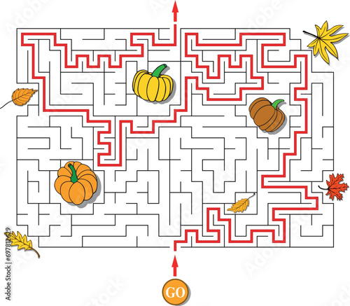 Thanksgiving autumn labyrinth with scattered pumpkins and leaves. Maze with entry and exit. Solution included - red passing route. Children logic game for brain training. Vector illustration
