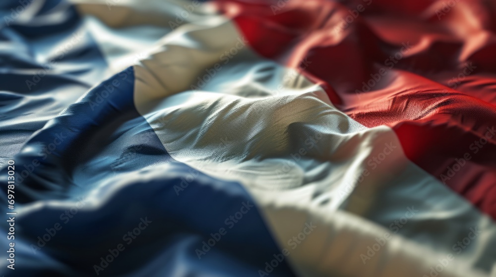 Flag of France. Closeup beautifully folded French tricolor made of fabric - obrazy, fototapety, plakaty 