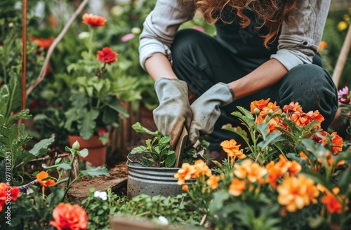 Fototapeta Naklejka Na Ścianę i Meble -  woman with gardening gloves sitting in garden and watering