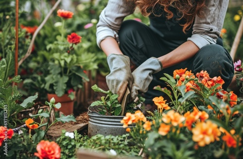 woman with gardening gloves sitting in garden and watering photo