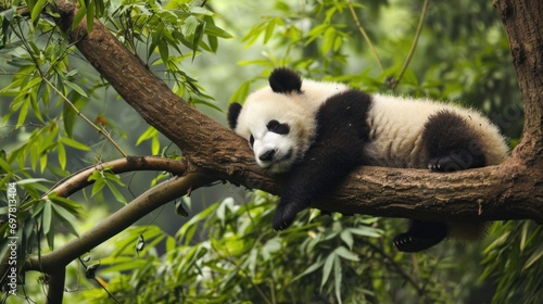 A baby panda napping on a tree branch