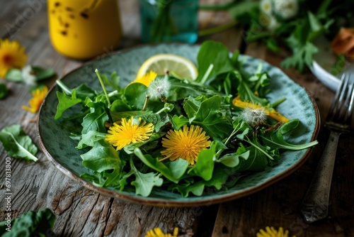 wild dandelion salad with lemon, lettuce and dandelion