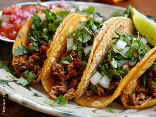 three tacos are served on a white table