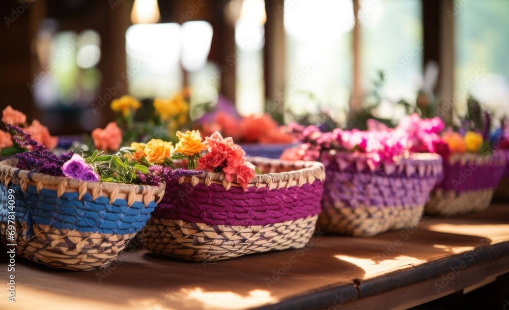 a large row of colorful baskets of flowers sitting on a table