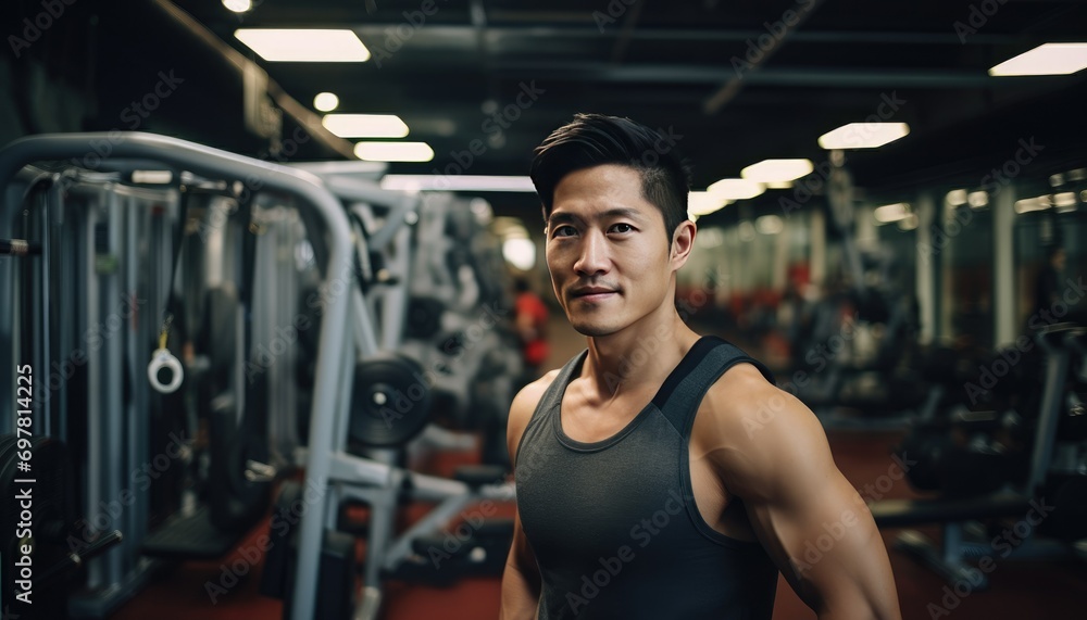 Fit Asian man in a gym setting showcasing health and fitness Fit Asian man in a gym setting showcasing health and fitness