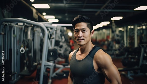 Fit Asian man in a gym setting showcasing health and fitness