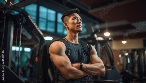 Confident young Asian man at the gym reflecting on his workout