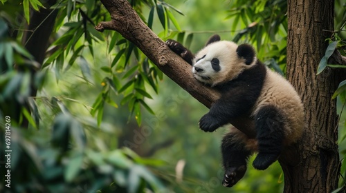 A baby panda napping on a tree branch photo