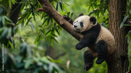 Fototapeta na wymiar A baby panda napping on a tree branch