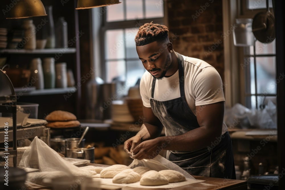 Baker preparing dough in a rustic bakery kitchen Baker preparing dough in a rustic bakery kitchen