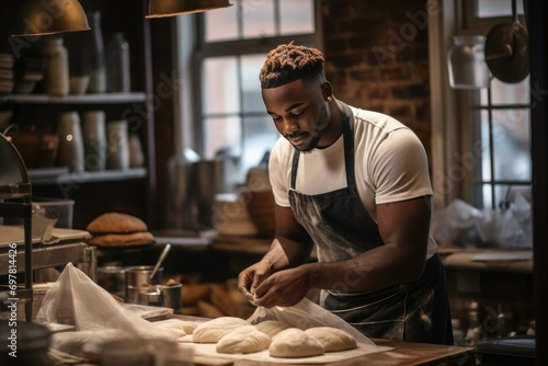 Baker preparing dough in a rustic bakery kitchen