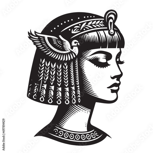Beautiful Egyptian queen, goddess. Profile portrait. Icon, logo. Cleopatra. Beautiful black vector illustration. old vintage engraving style. isolated on white background