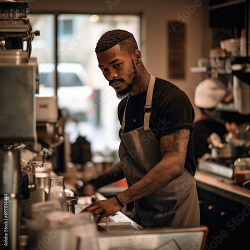Portrait of a young African American male barista in a coffee shop