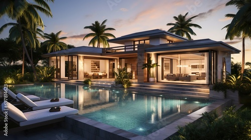 Luxurious elegance a stunning modern swimming pool villa. © Inventing Pixel. Inc
