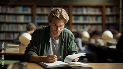 Young man studying in library educational concept photo