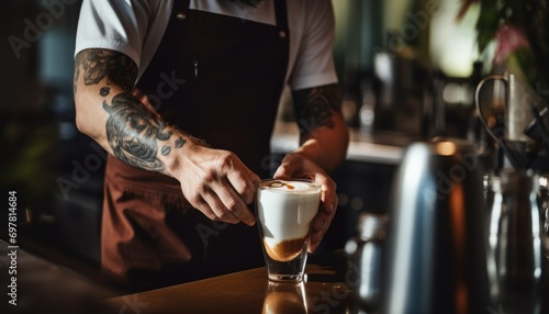 Barista creating latte art in a coffee shop photo