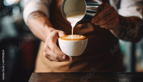 Barista pouring milk to create latte art for coffeehouse marketing photo
