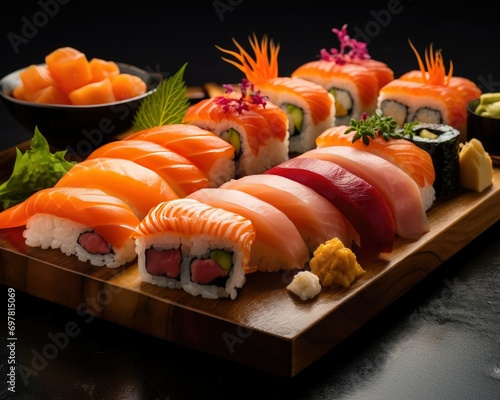 Assorted Sushi Set on Wooden Platter for Culinary Presentation