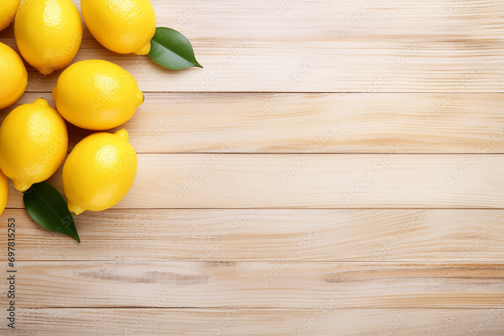 Citrus Elegance - Top View of Lemon on Light Wooden Table with Ample Copy Space Created with Generative AI Tools