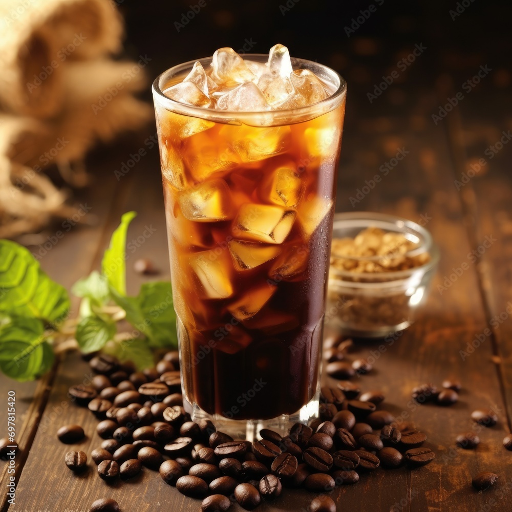 Iced coffee glass on a wooden table for beverage industry marketing Iced coffee glass on a wooden table for beverage industry marketing