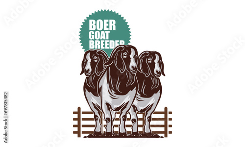 SUPERIOR BOER GOAT  LOGO, silhouette of happy and healthy ram standing in farm vector illustrations