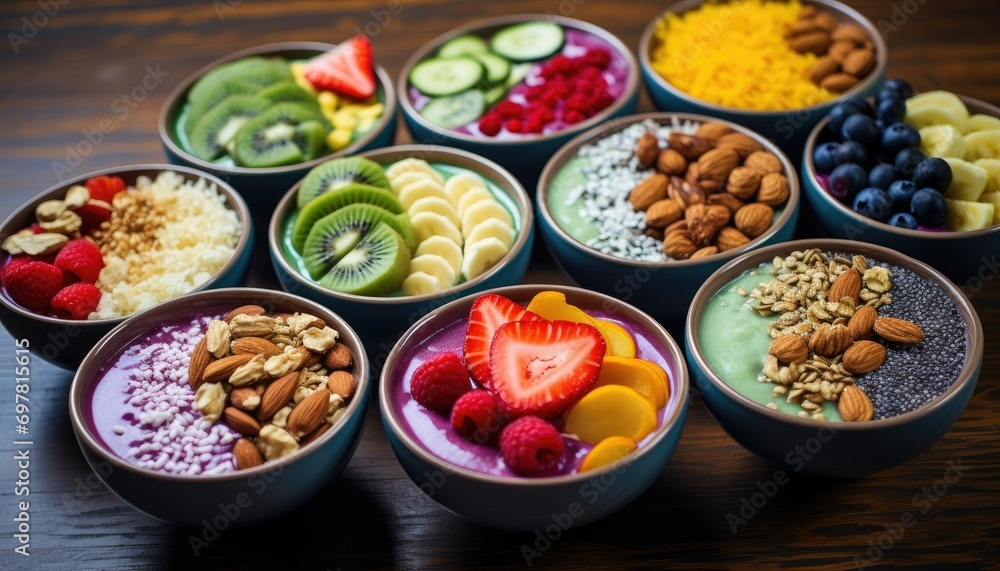 Assorted colorful bowls of healthy food for nutrition and diet industry