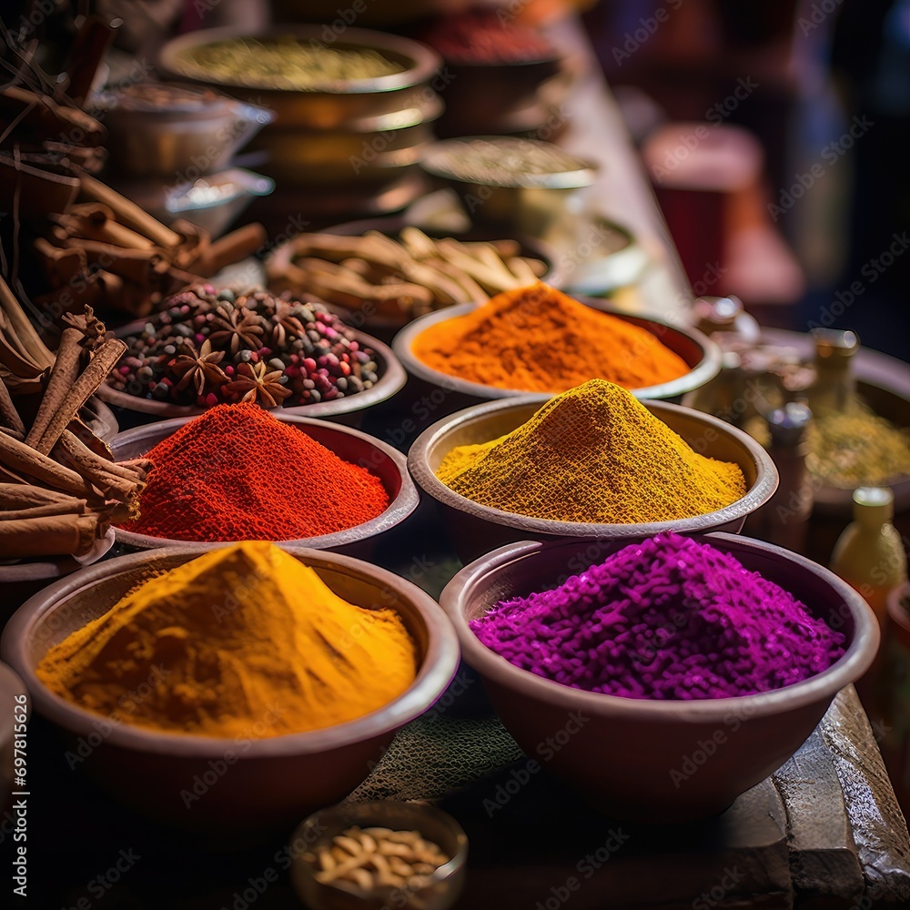 Assorted spices in bowls at a vibrant market setting Assorted spices in bowls at a vibrant market setting