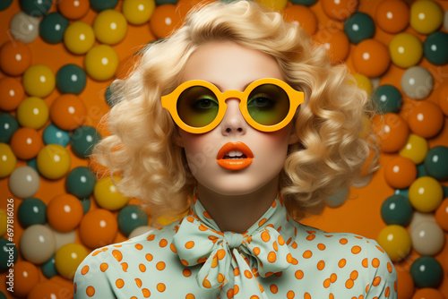 Beautiful girl wearing neon yellow sunglasses and polka dot shirt.