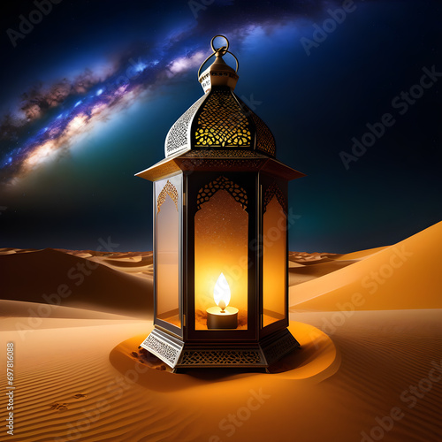 Ramadan lamp in the night desert milky way in the sky