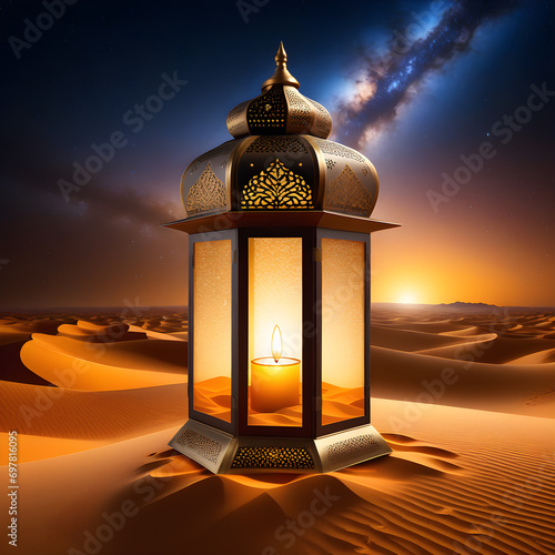 Ramadan lamp in the night desert milky way in the sky