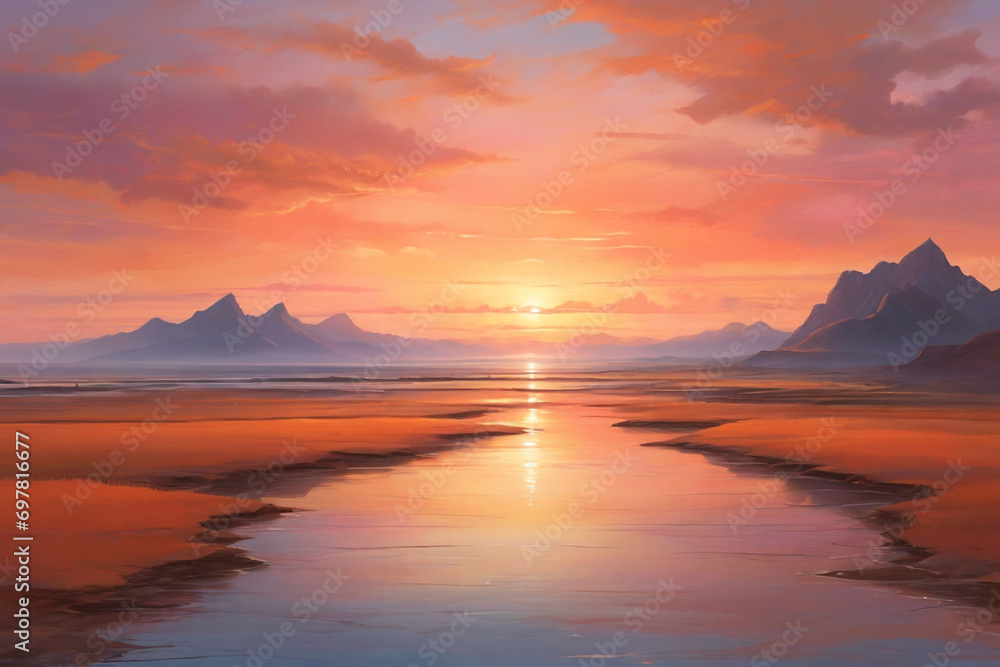 Capture the serene beauty of a sunset, where the sky is painted with warm hues of orange and pink, casting a mesmerizing glow over the landscape.