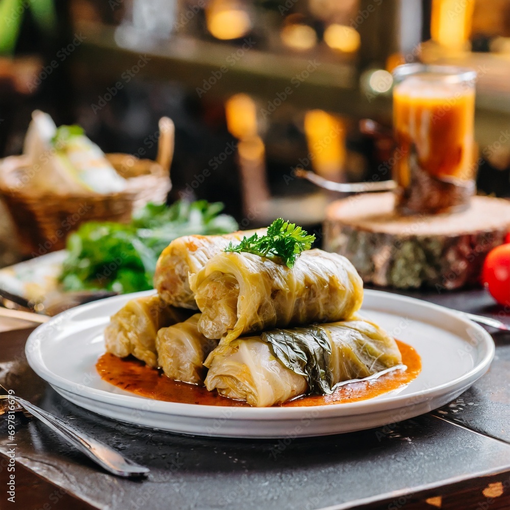 A dish of stuffed cabbage with minced meat and porridge, delicious food on a table in a cafe A dish of stuffed cabbage with minced meat and porridge, delicious food on a table in a cafe